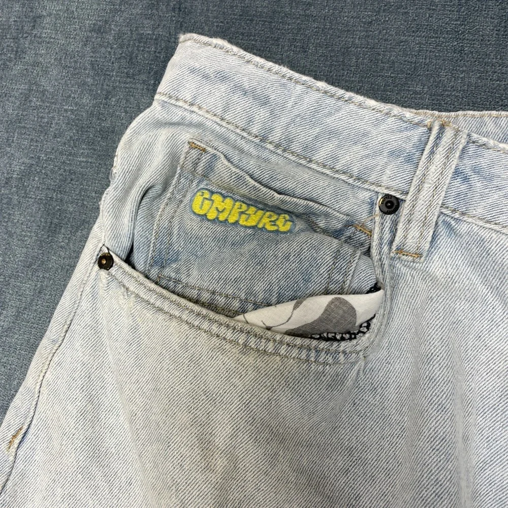 Empyre Loose Fit Cargo Jeans Mens 32 Blue Denim Flat Front Pockets Embroidered